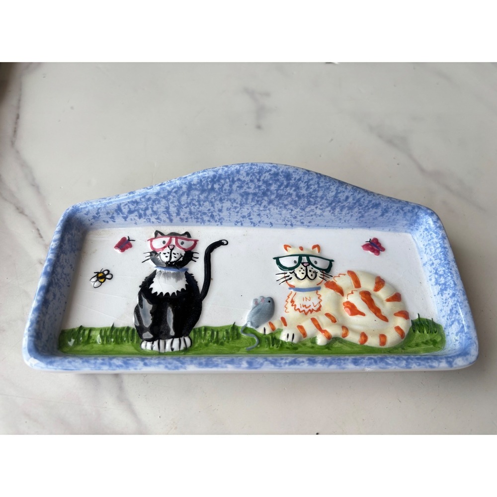 Whimsical Hand Painted Ceramic Cat Trinket Dish Eye Glass Tray Holder